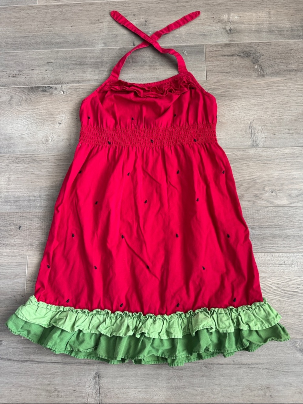 Kids Red watermelon Halter Dress with Green Ruffle Hem